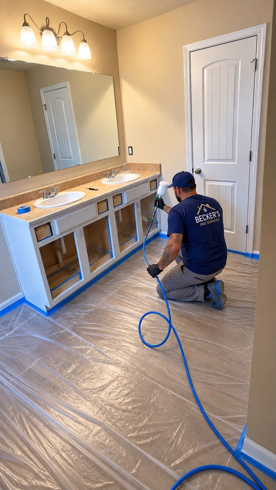 Double-vanity bathroom during the cabinet refinishing process