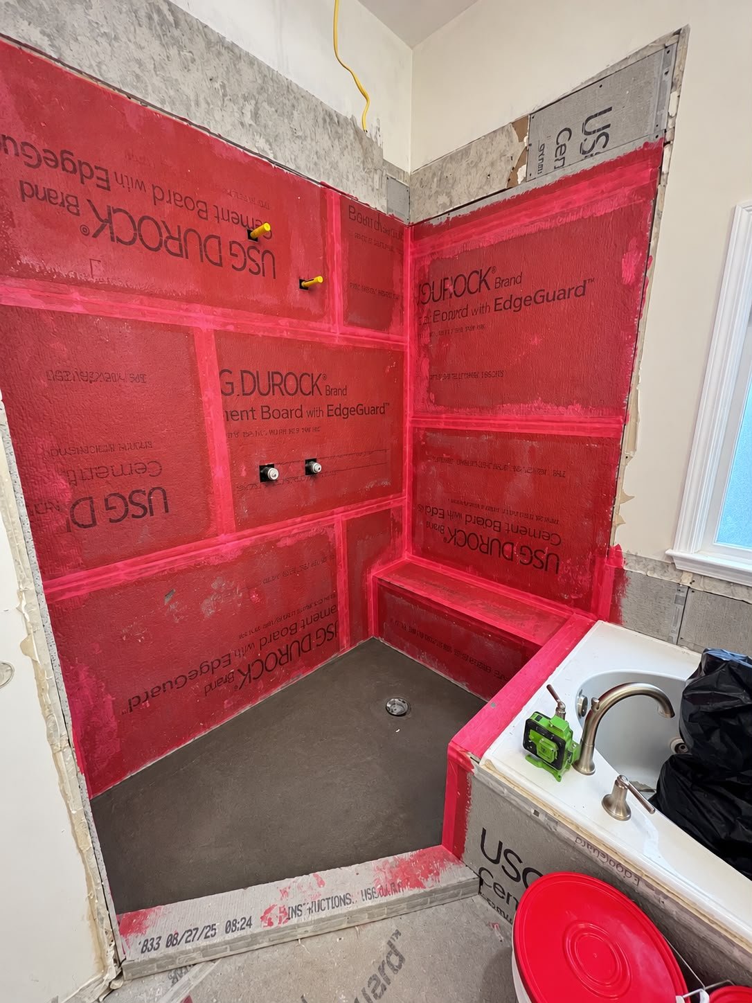 Custom walk-in shower waterproofing and preparation in progress